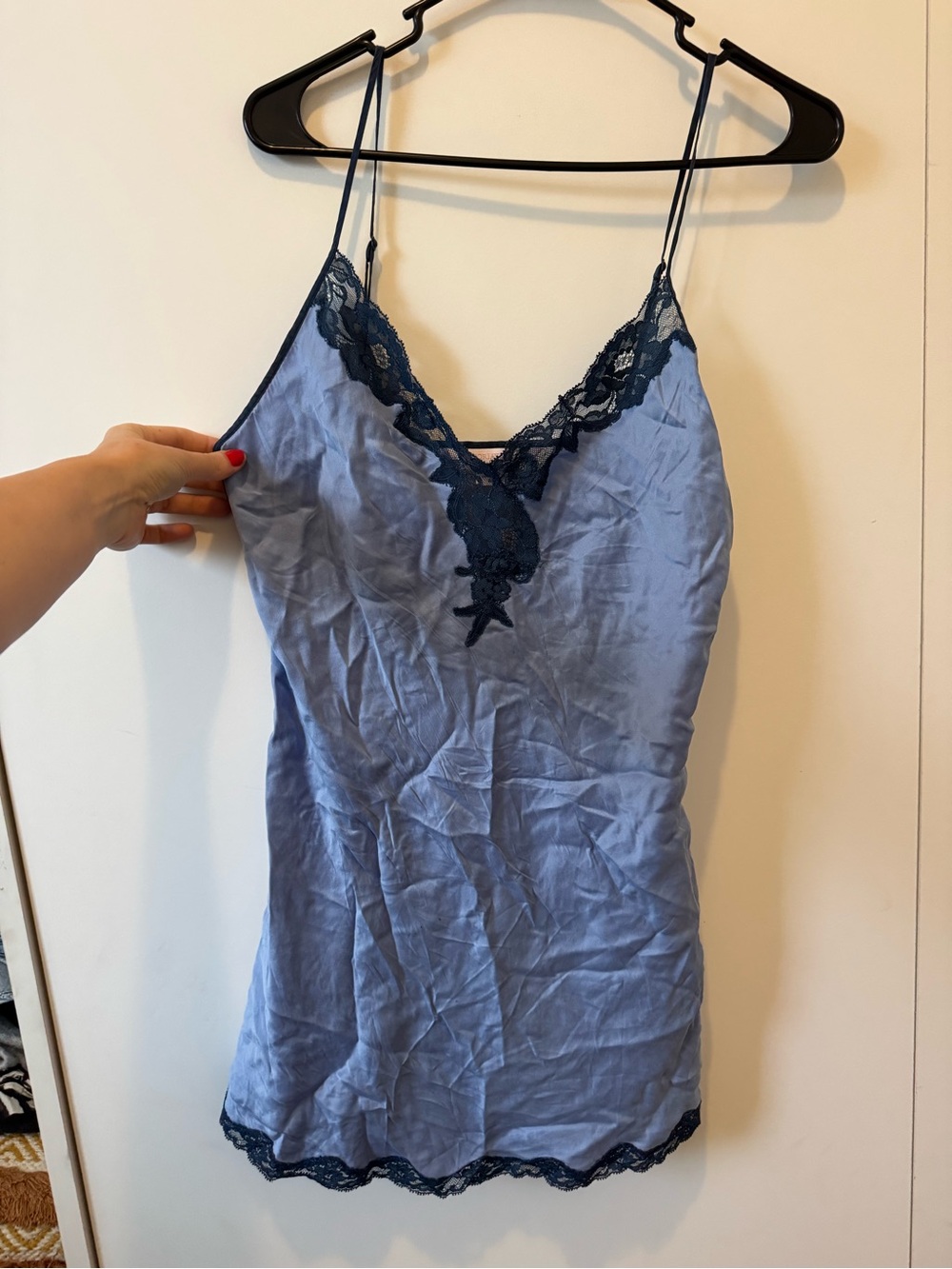 Victoria’s Secret silk-Feel Lace Trim Chemise Slip in Dusty Blue